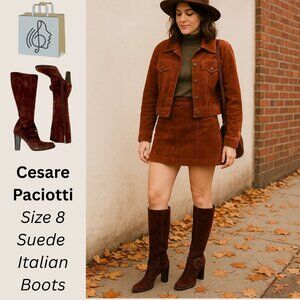 Cesare Paciotti Brown Suede Knee High Boots Size 8 Buckle High Heel Italian